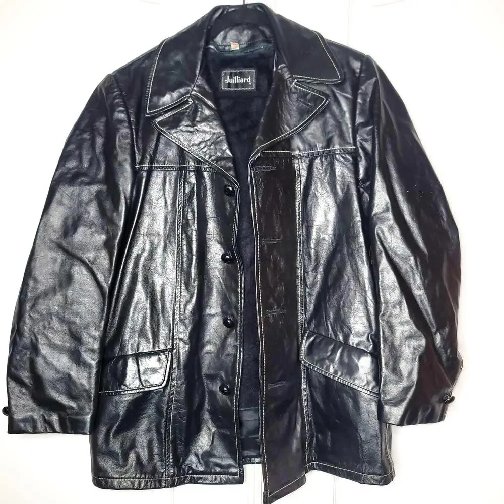 Juilliard Leather Vintage 1970 Lg. Lapel black white stitching Sz 38 Coat Jacket